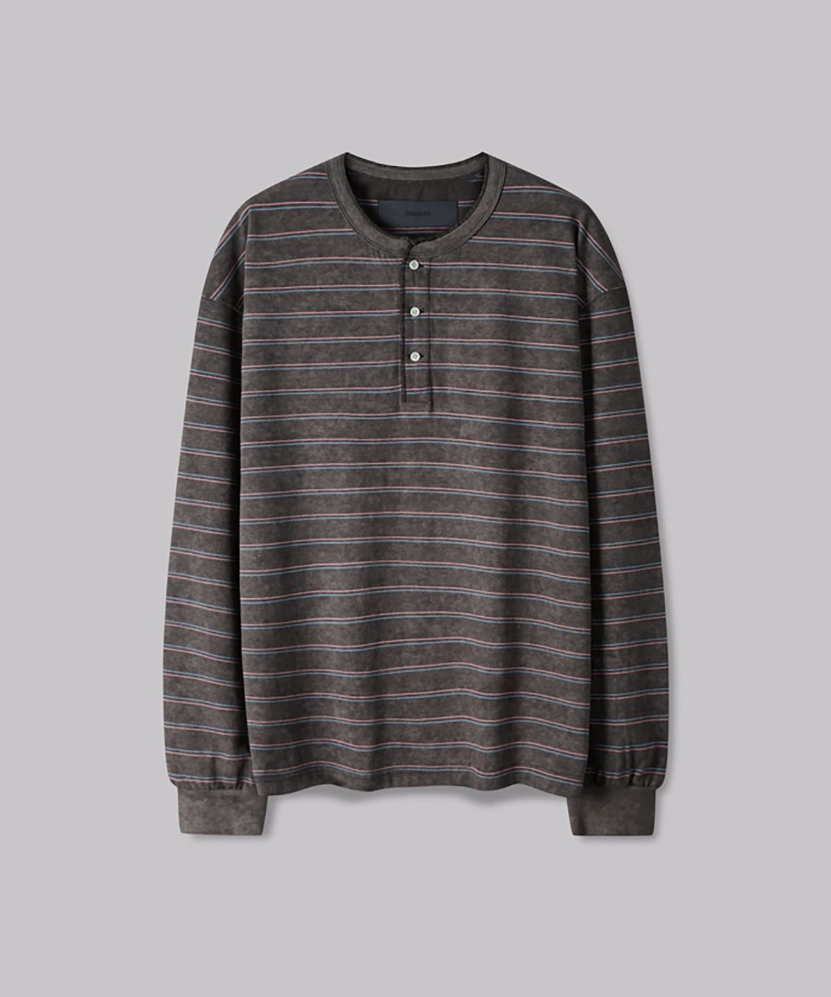 코너블레스(CORNERBLESS) WASHED STRIPE BROWN HENLEY NECK LONG SLEEVE