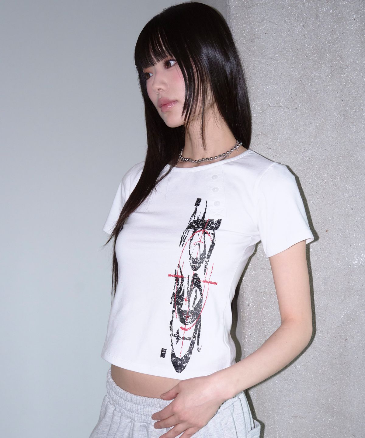 프렌다(PRENDA) PRENDA DIAGONAL HENLEY NECK SHORT SLEEVE WHITE