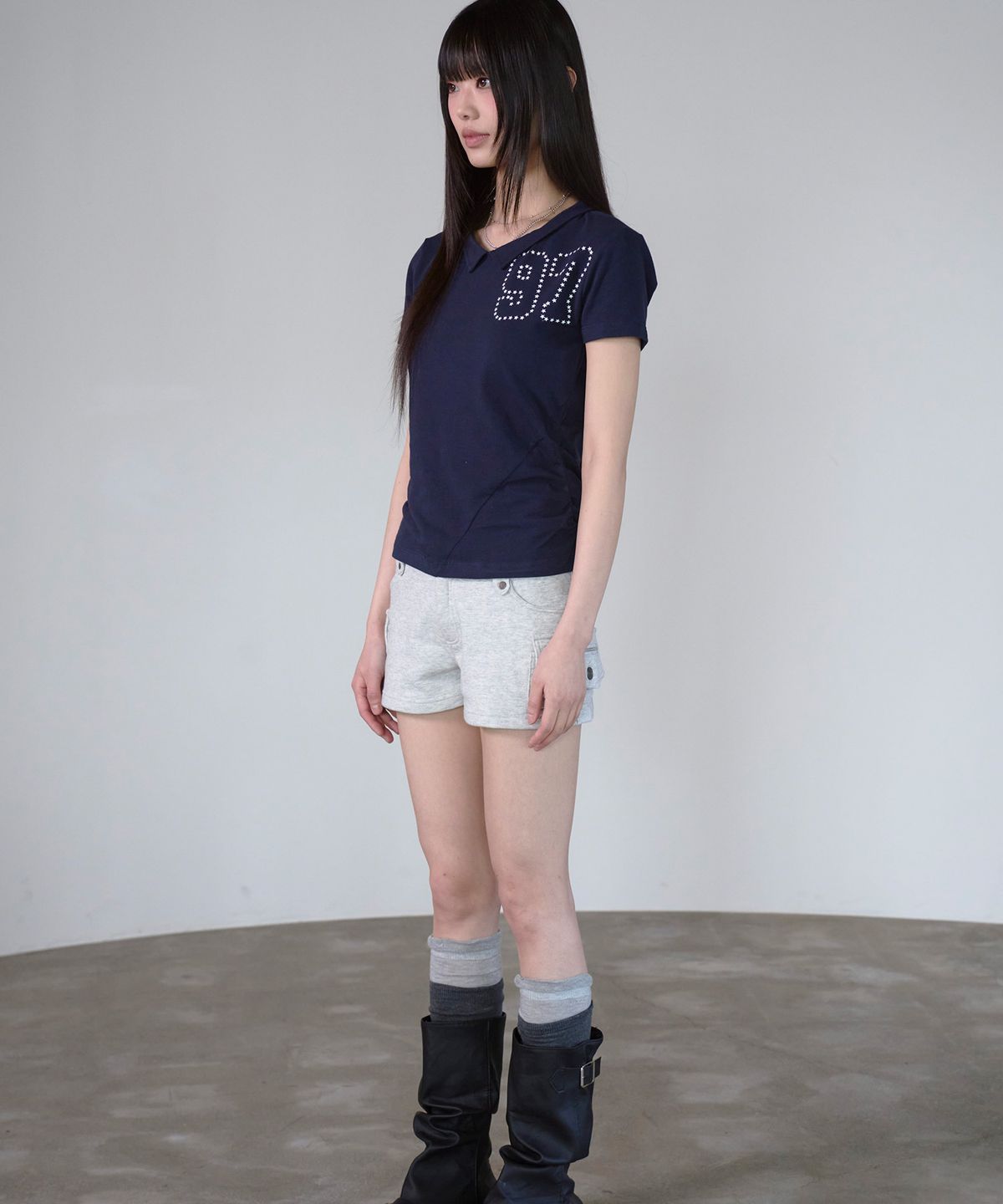 프렌다(PRENDA) 97 SHIRRING INCISION SHORT SLEEVE NAVY