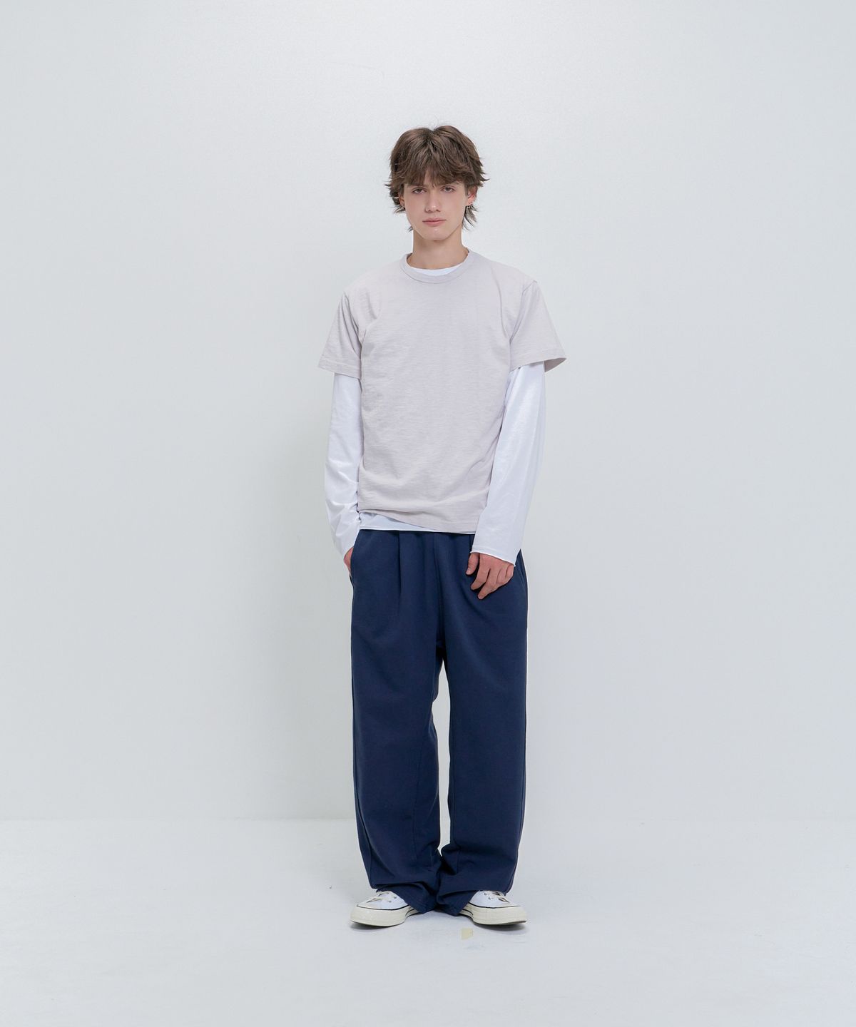 피에스쇼퍼(PSSHOPPER) [2 Pack] 슬럽 반팔, 컷팅 롱슬리브  레이어드 세트 [코코아, 화이트]