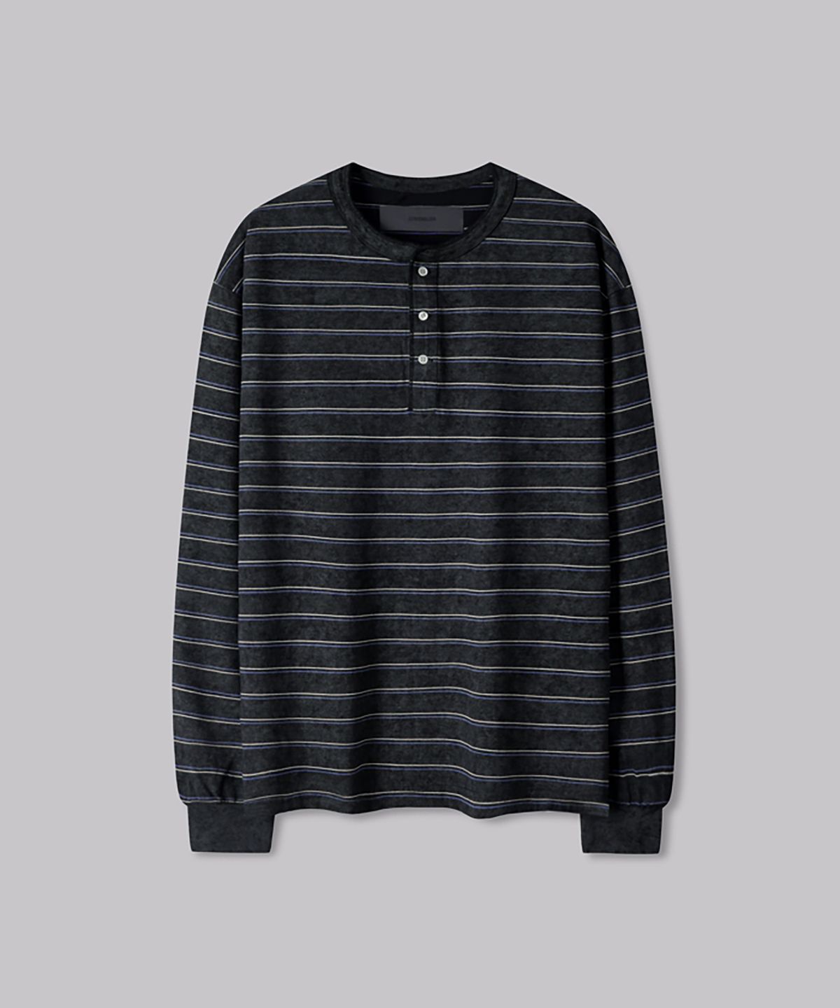 코너블레스(CORNERBLESS) WASHED STRIPE BLACK HENLEY NECK LONG SLEEVE