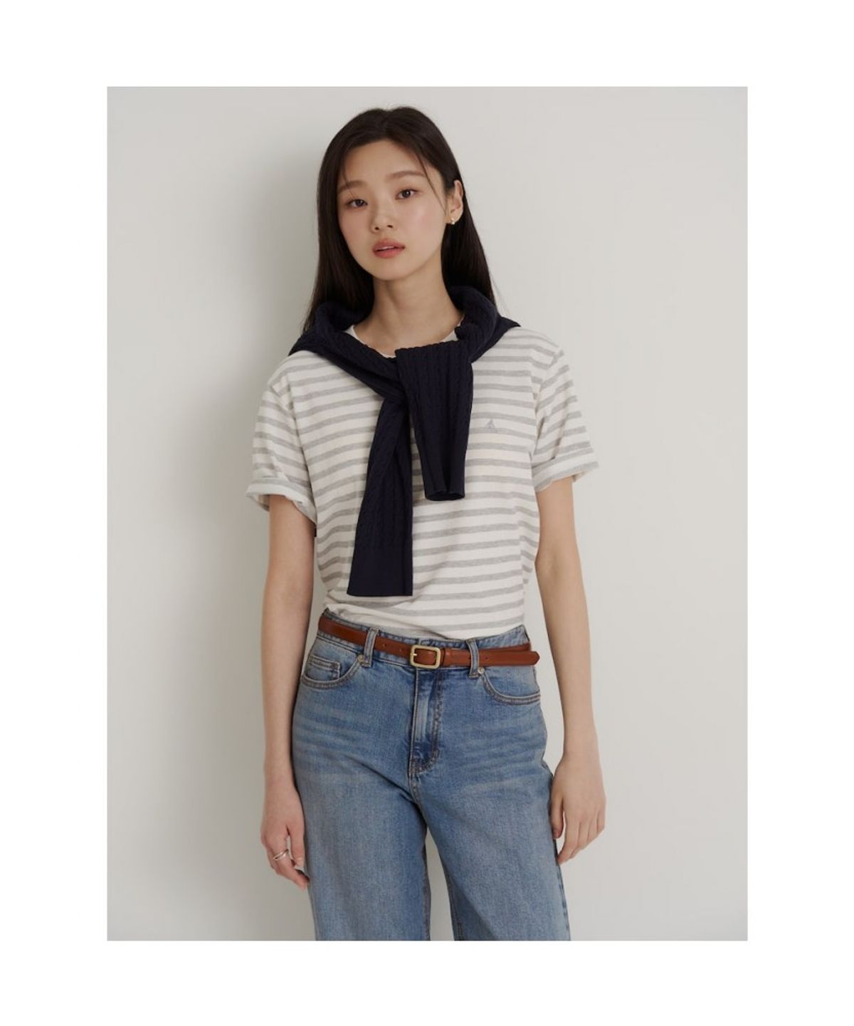 빈폴 멘(BEANPOLE MEN) 남녀공용 스트라이프 소로나 라운드넥 티셔츠  그레이