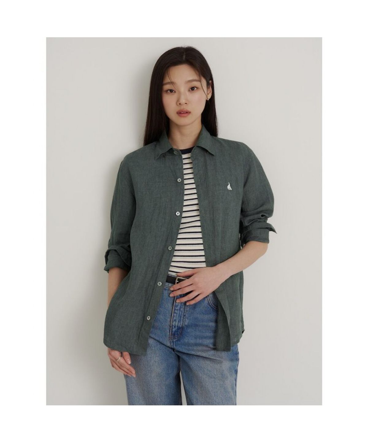 빈폴 멘(BEANPOLE MEN) 남녀공용 리넨 솔리드 셔츠  카키