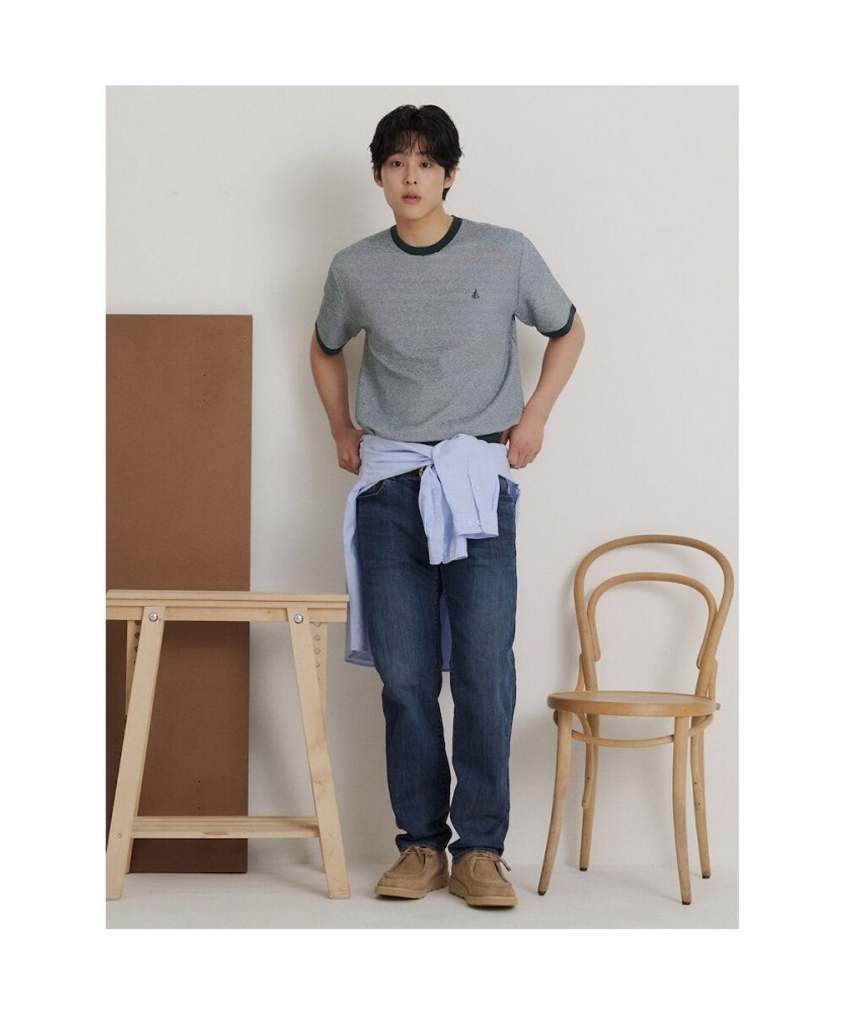 빈폴 멘(BEANPOLE MEN) 투톤 텍스쳐 라운드 니트  그린