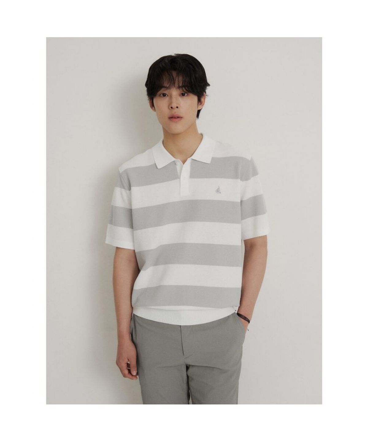 빈폴 멘(BEANPOLE MEN) 럭비 스트라이프 칼라넥 니트  라이트 그레이