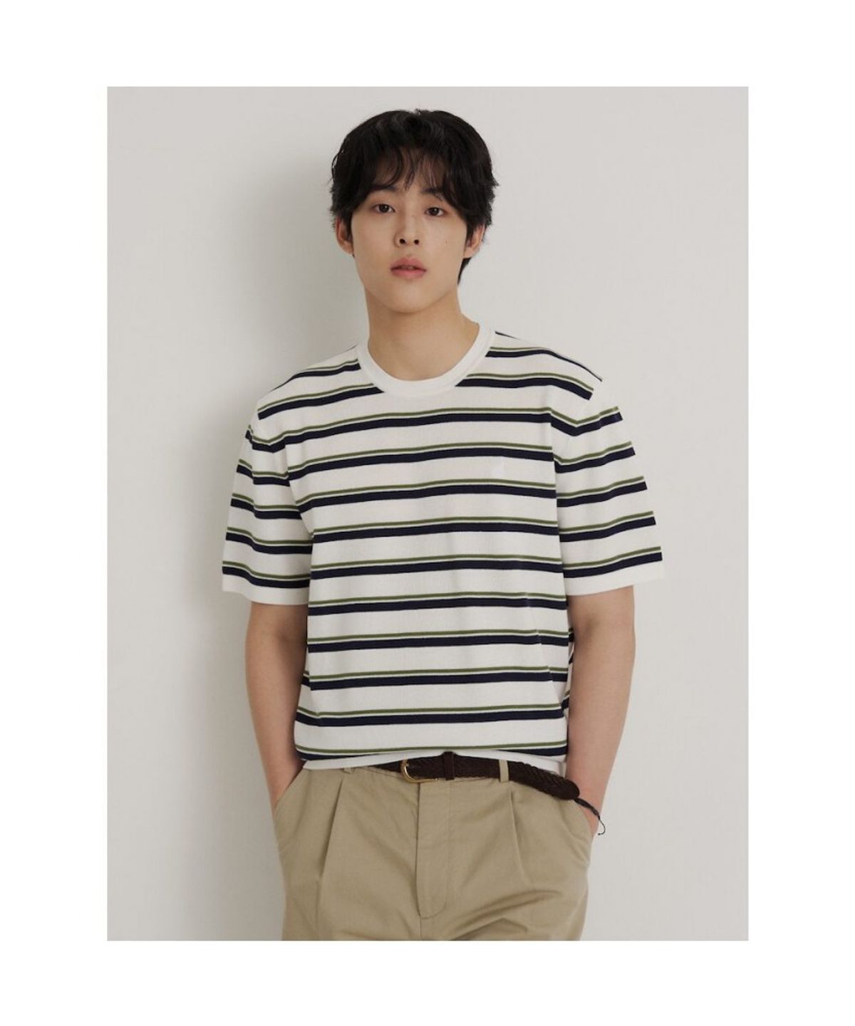 빈폴 멘(BEANPOLE MEN) 스트라이프 라운드 니트  아이보리