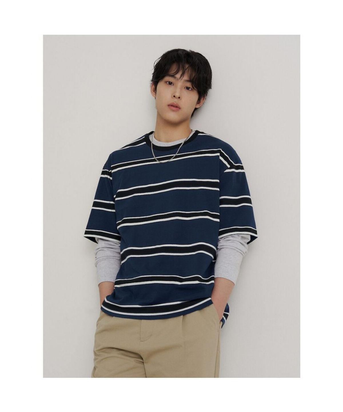 빈폴 멘(BEANPOLE MEN) 블루 스트라이프 반소매 티셔츠  네이비