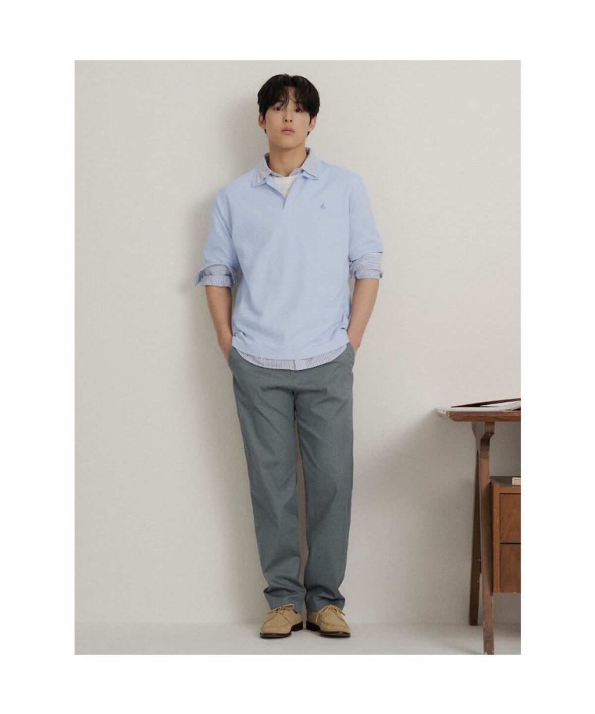 빈폴 멘(BEANPOLE MEN) 레이어드넥 텍스처 반소매 티셔츠  스카이 블루