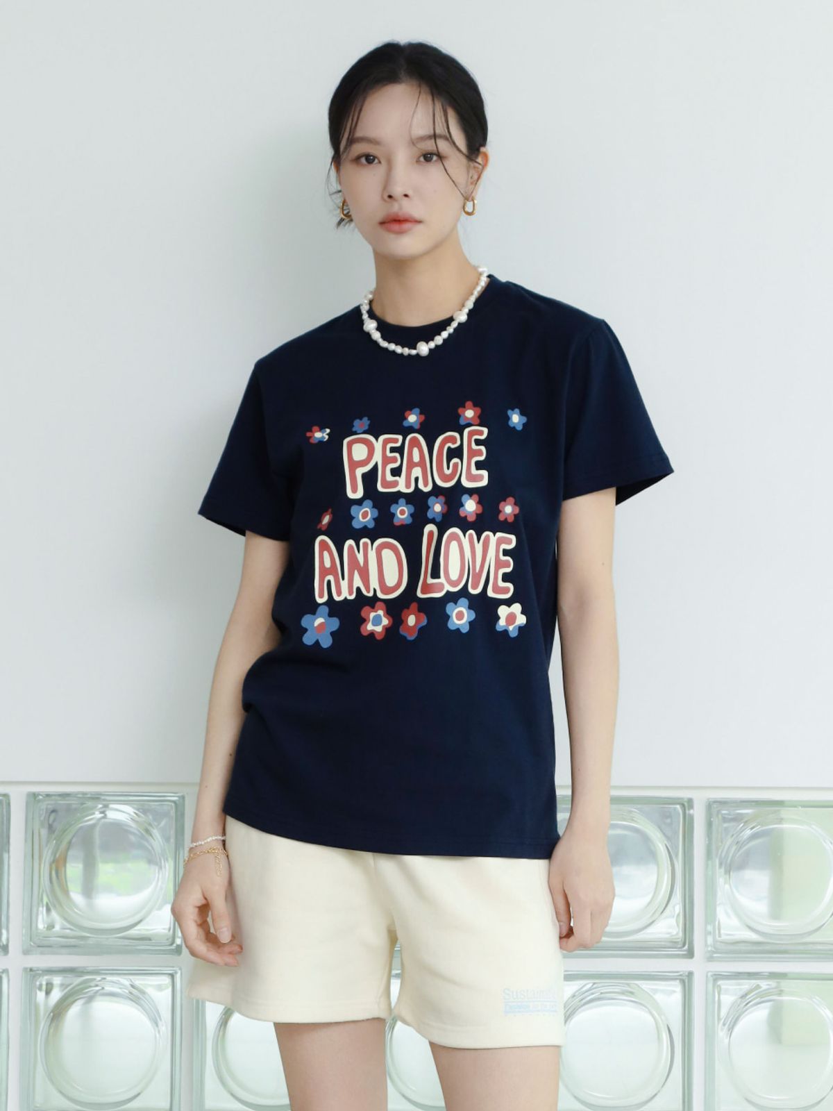 웨이브유니온(WAVE UNION) Peace and love T-shirt Navy