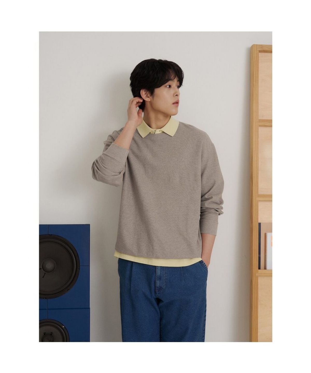 빈폴 멘(BEANPOLE MEN) 텍스처 라운드넥 긴소매 티셔츠  베이지