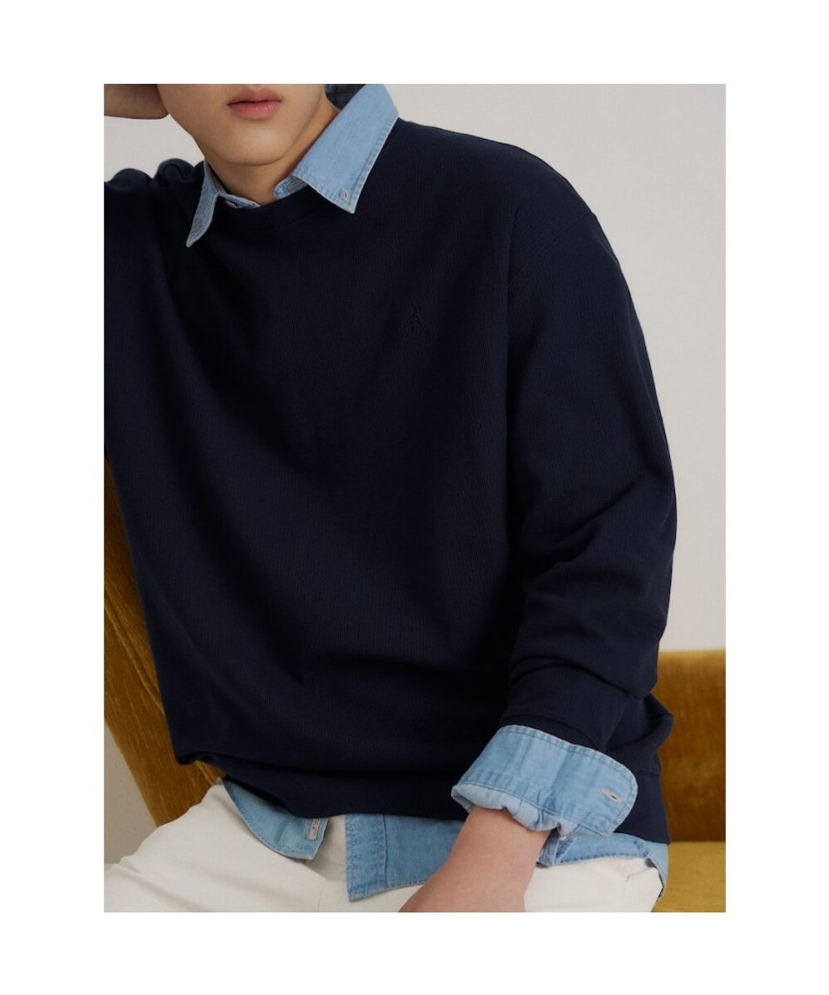 빈폴 멘(BEANPOLE MEN) 텍스처 라운드넥 긴소매 티셔츠  네이비
