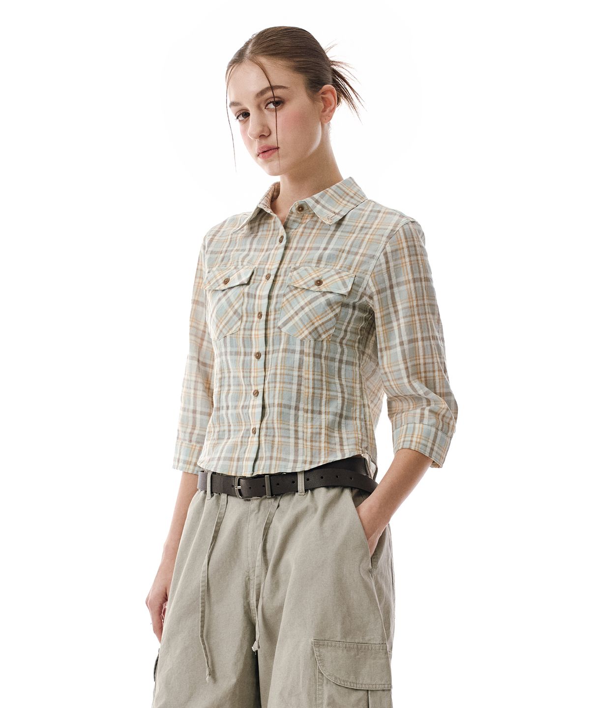 세컨모놀로그(SECONDMONO) Three-quarter Sleeve check Shirt [PISTACHIO]_SEWSH003PISTACHIO