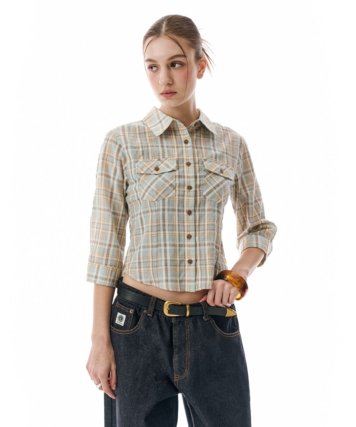 세컨모놀로그(SECONDMONO) Three-quarter Sleeve check Shirt [PISTACHIO]_SEWSH003PISTACHIO