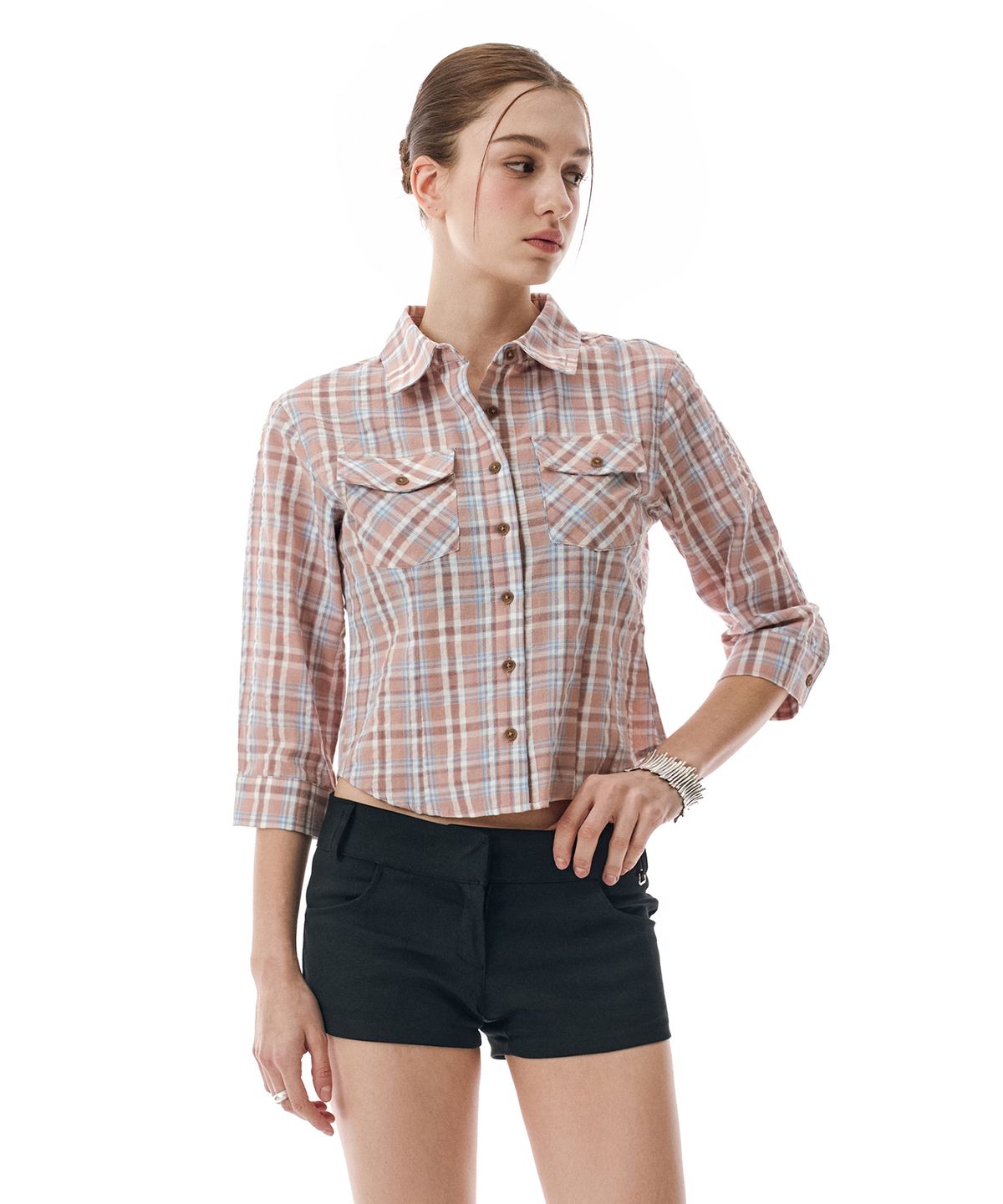 세컨모놀로그(SECONDMONO) Three-quarter Sleeve check Shirt [BRICKRED]_SEWSH003BRICKRED