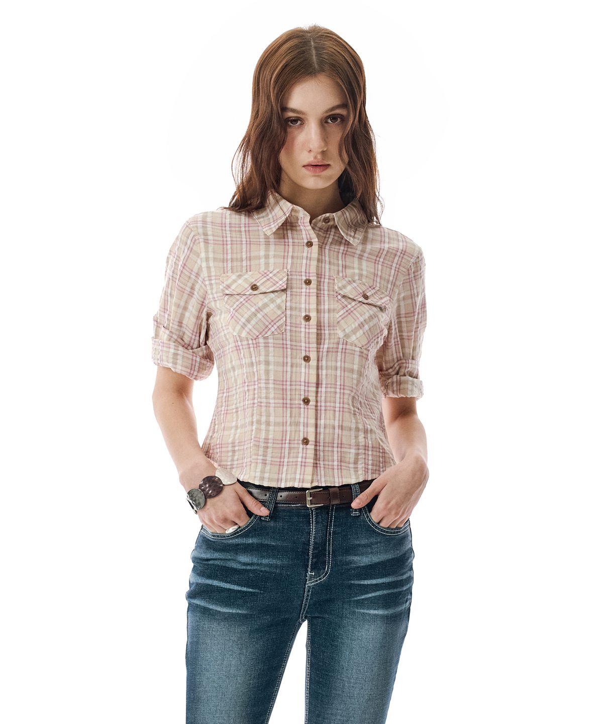 세컨모놀로그(SECONDMONO) Three-quarter Sleeve check Shirt [PINKBEIGE]_SEWSH003PINKBEIGE