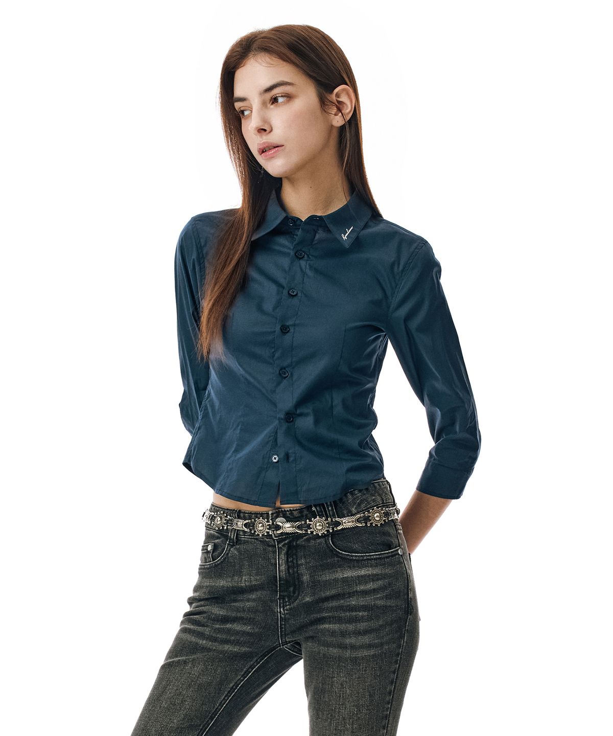 세컨모놀로그(SECONDMONO) Three-quarter Sleeve Shirt [NAVY]_SEWSH010NAVY