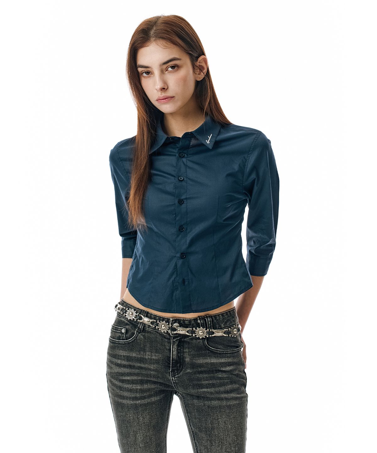 세컨모놀로그(SECONDMONO) Three-quarter Sleeve Shirt [NAVY]_SEWSH010NAVY