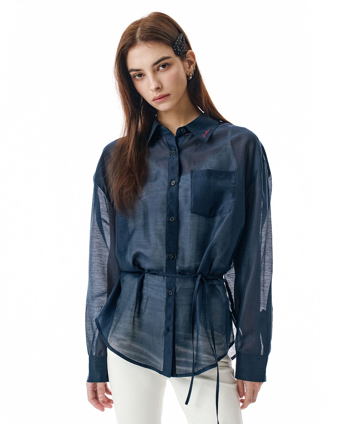 세컨모놀로그(SECONDMONO) Sheer Side Tuck Oversized Fit Shirt [NAVY]_SEWSH009NAVY