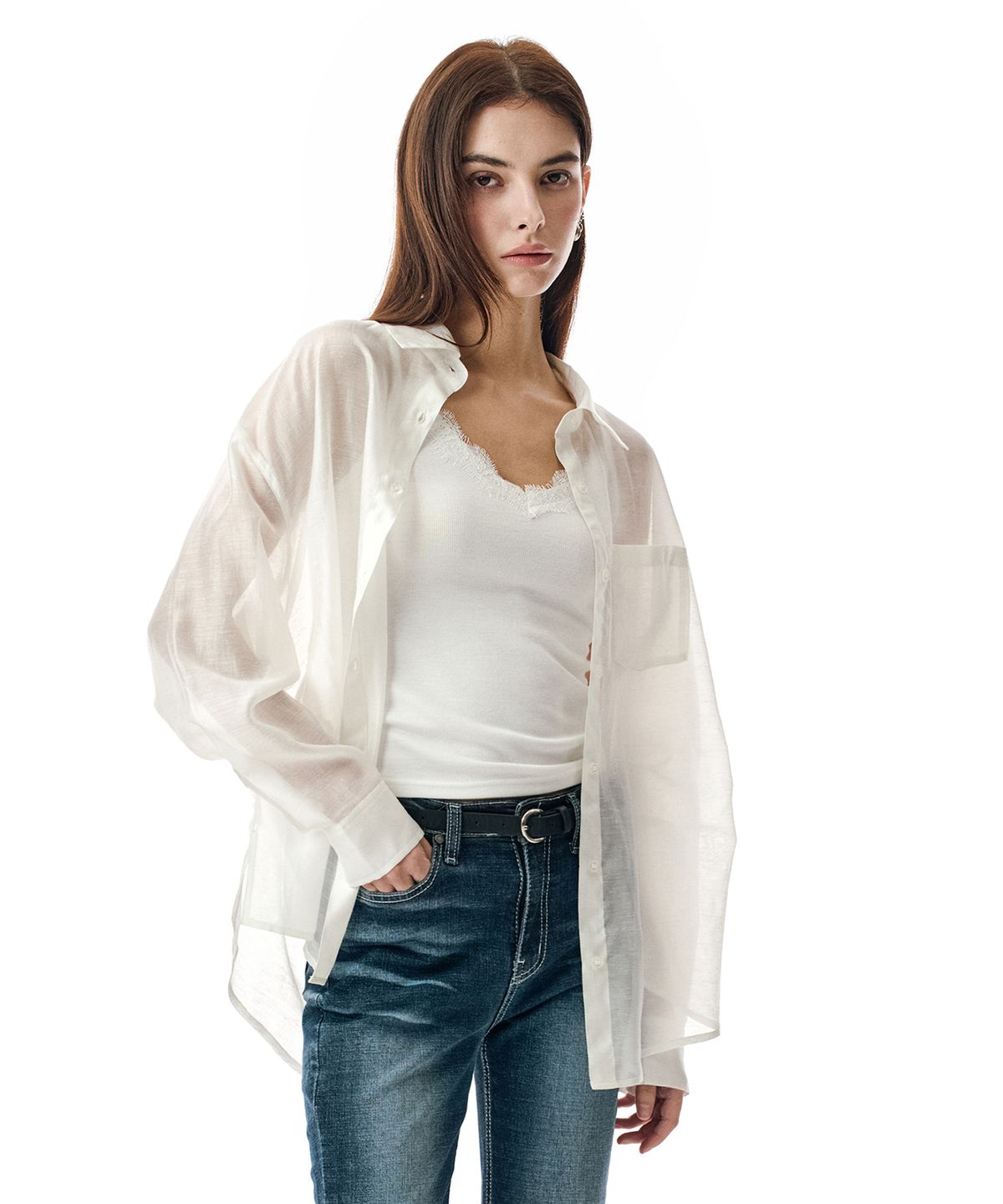 세컨모놀로그(SECONDMONO) Sheer Side Tuck Oversized Fit Shirt [IVORY]_SEWSH009IVORY