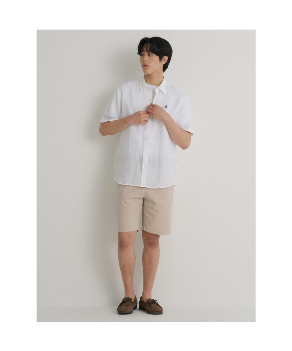 빈폴 멘(BEANPOLE MEN) 리넨 솔리드 반소매 셔츠  화이트