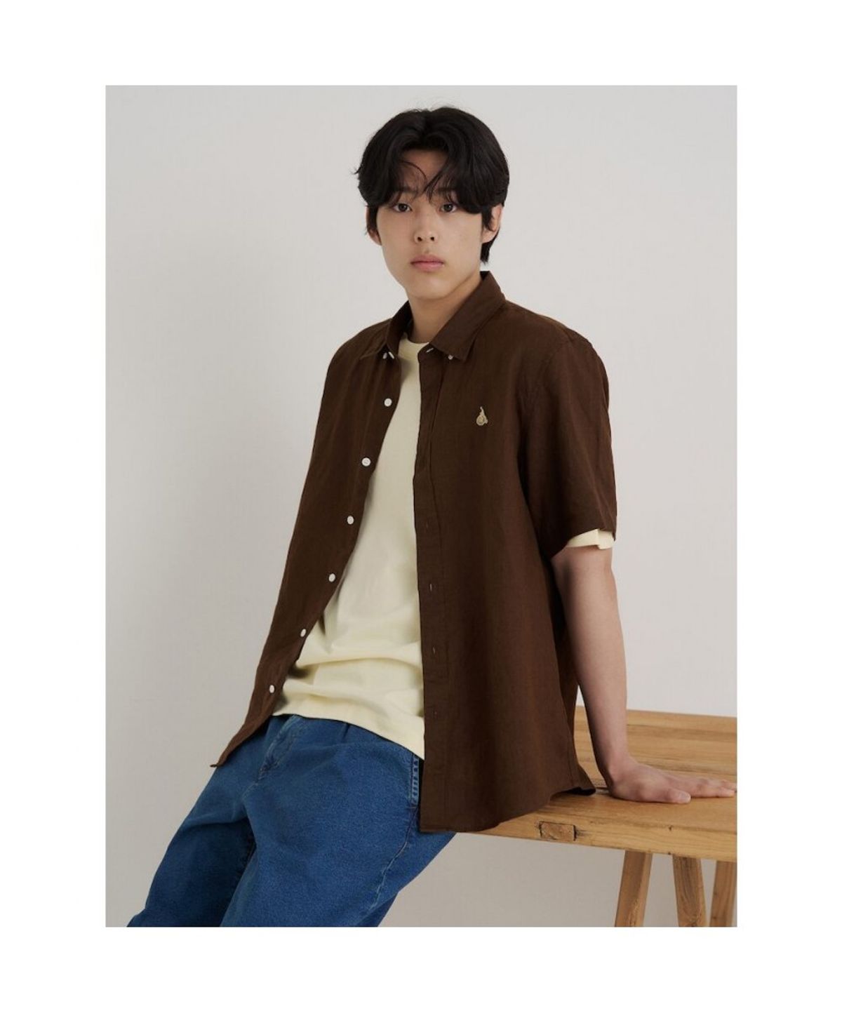 빈폴 멘(BEANPOLE MEN) 리넨 솔리드 반소매 셔츠  브라운