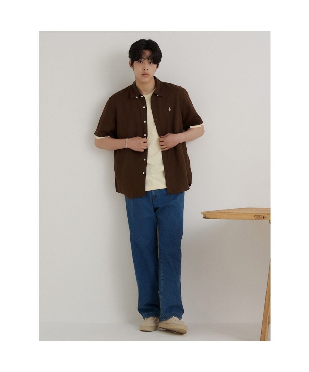 빈폴 멘(BEANPOLE MEN) 리넨 솔리드 반소매 셔츠  브라운