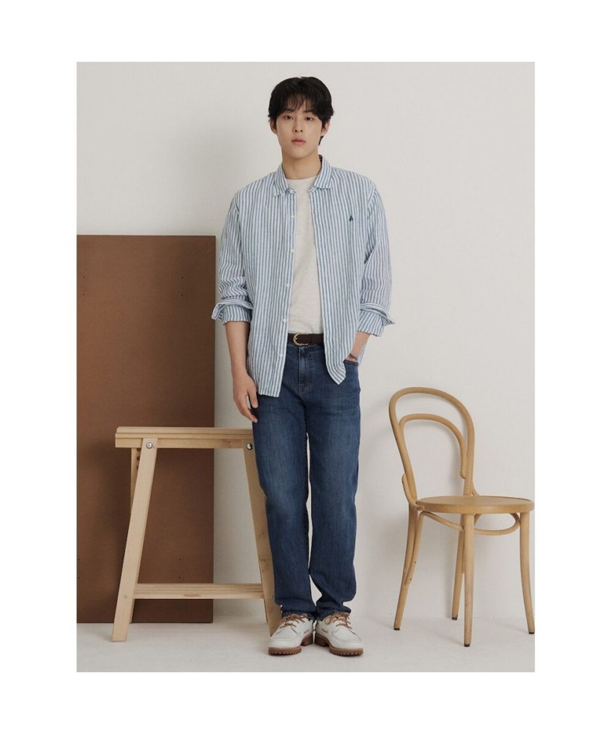 빈폴 멘(BEANPOLE MEN) 리넨 스트라이프 셔츠  그린
