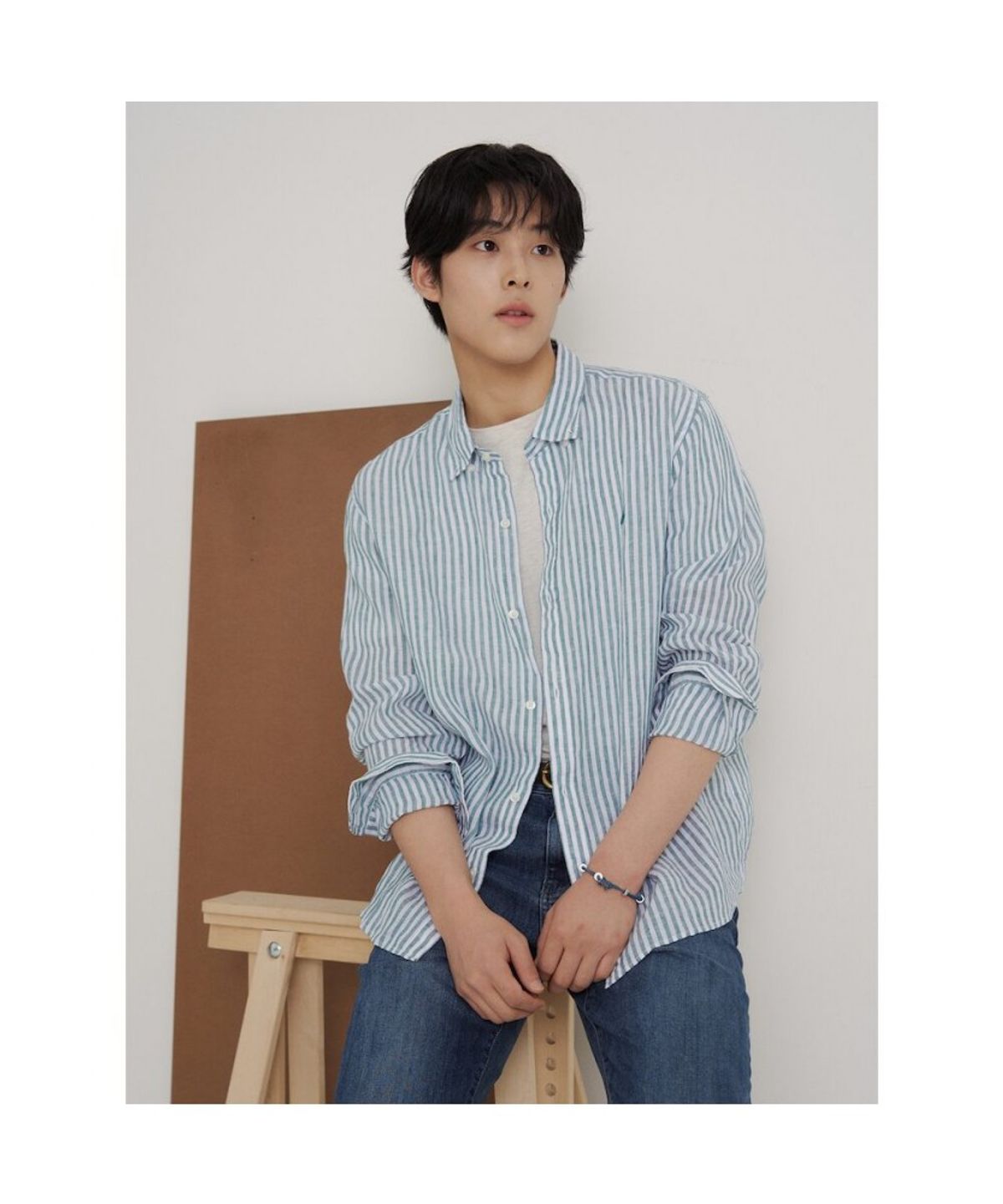 빈폴 멘(BEANPOLE MEN) 리넨 스트라이프 셔츠  그린