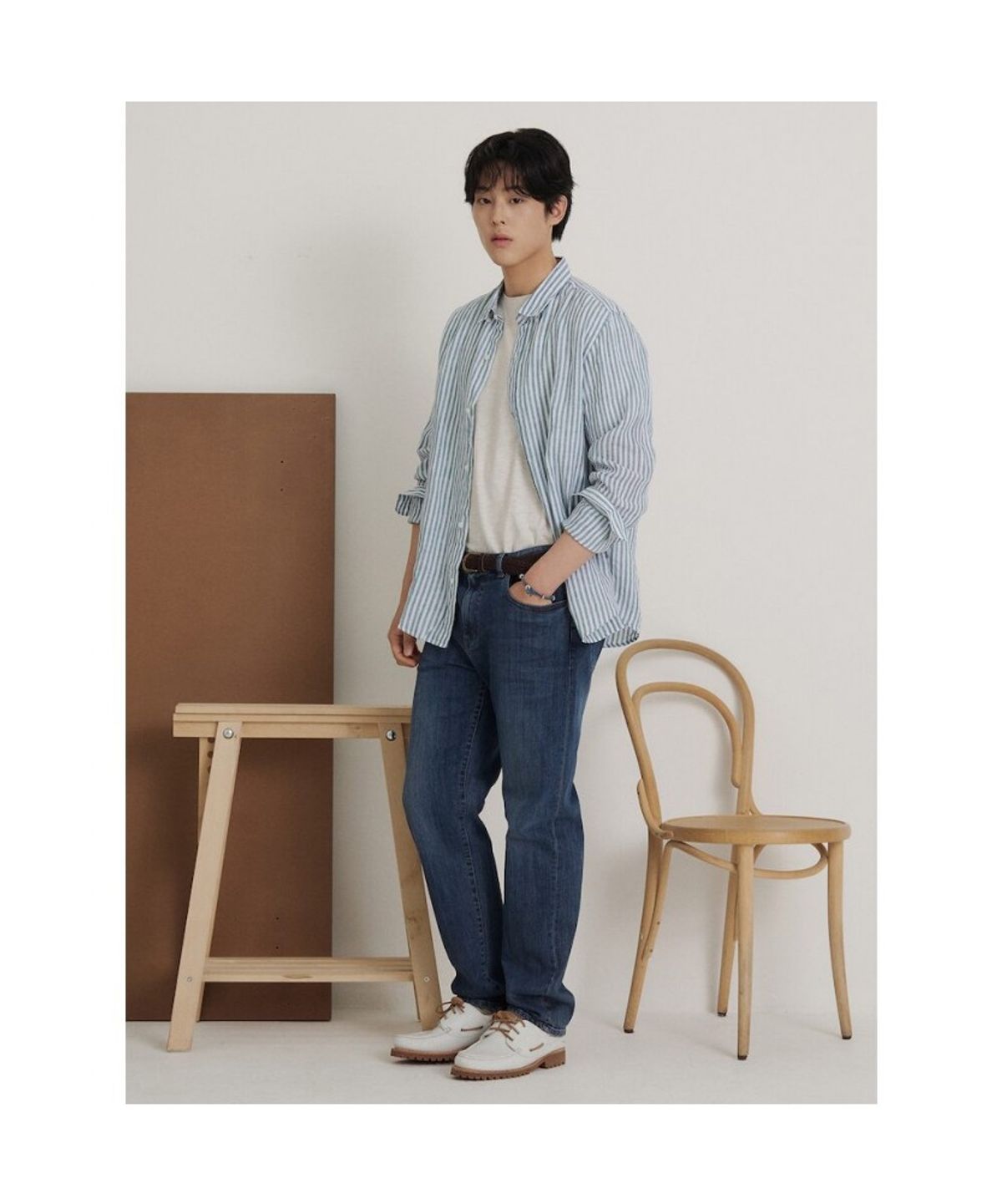빈폴 멘(BEANPOLE MEN) 리넨 스트라이프 셔츠  그린