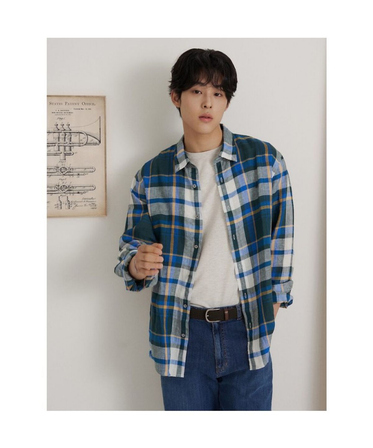 빈폴 멘(BEANPOLE MEN) 리넨 빅체크 셔츠  그린