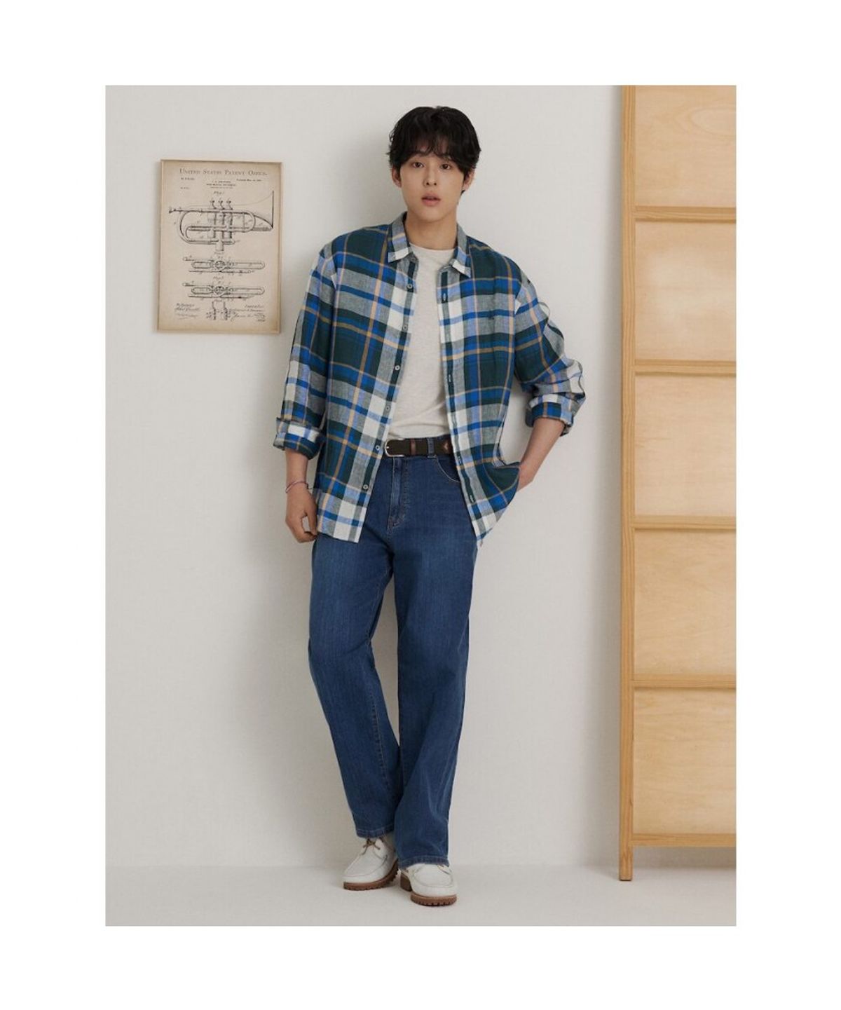 빈폴 멘(BEANPOLE MEN) 리넨 빅체크 셔츠  그린