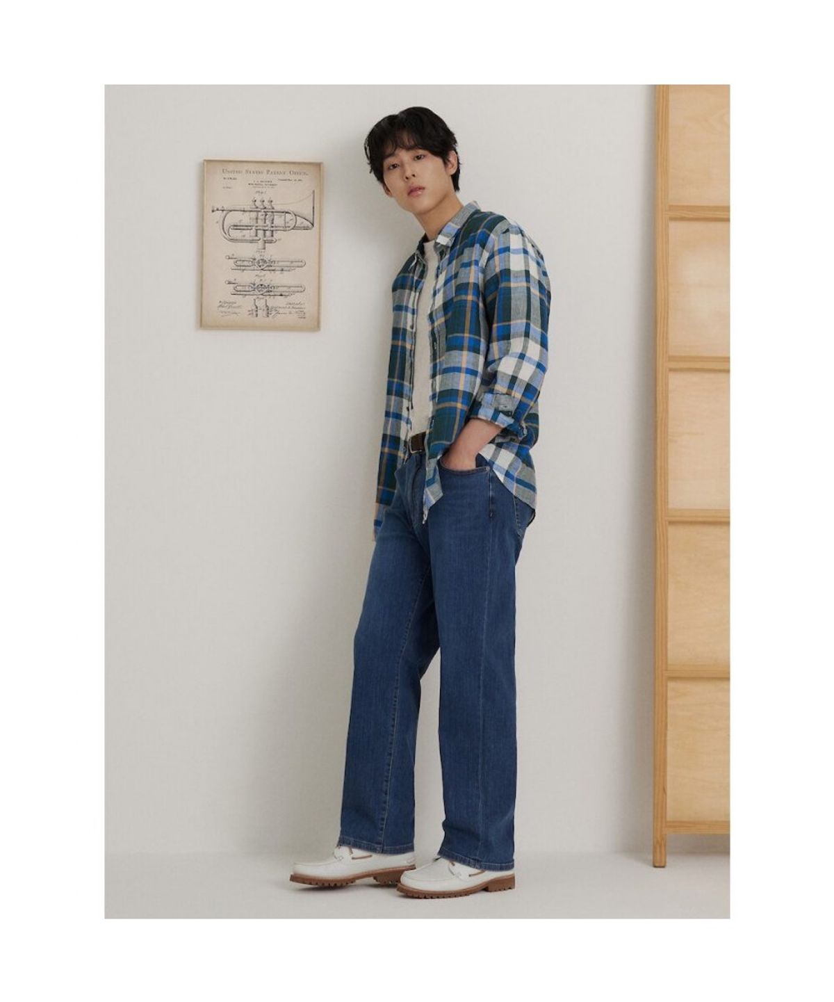 빈폴 멘(BEANPOLE MEN) 리넨 빅체크 셔츠  그린
