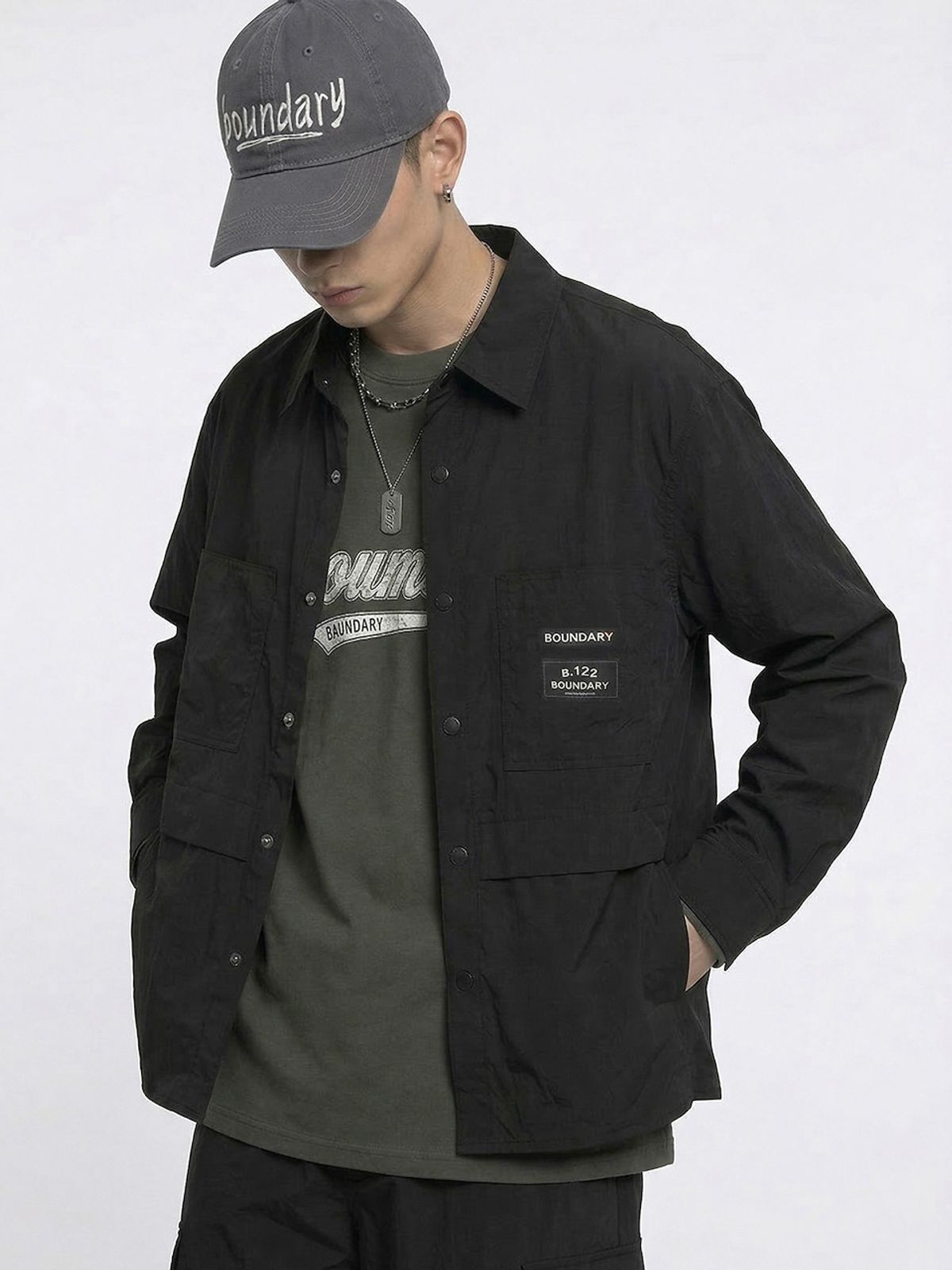 바운더리(BOUNDARY) B.122 LOGO SNAP BUTTON SPRING SHIRKET BK_B261MSC201