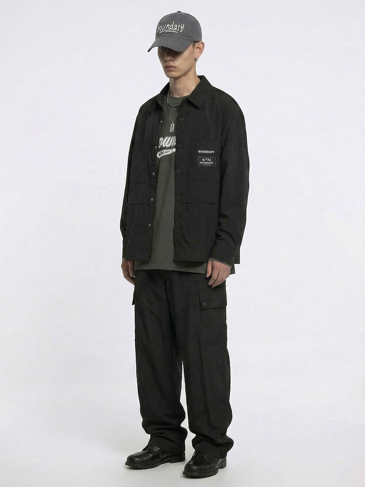 바운더리(BOUNDARY) B.122 LOGO SNAP BUTTON SPRING SHIRKET BK_B261MSC201