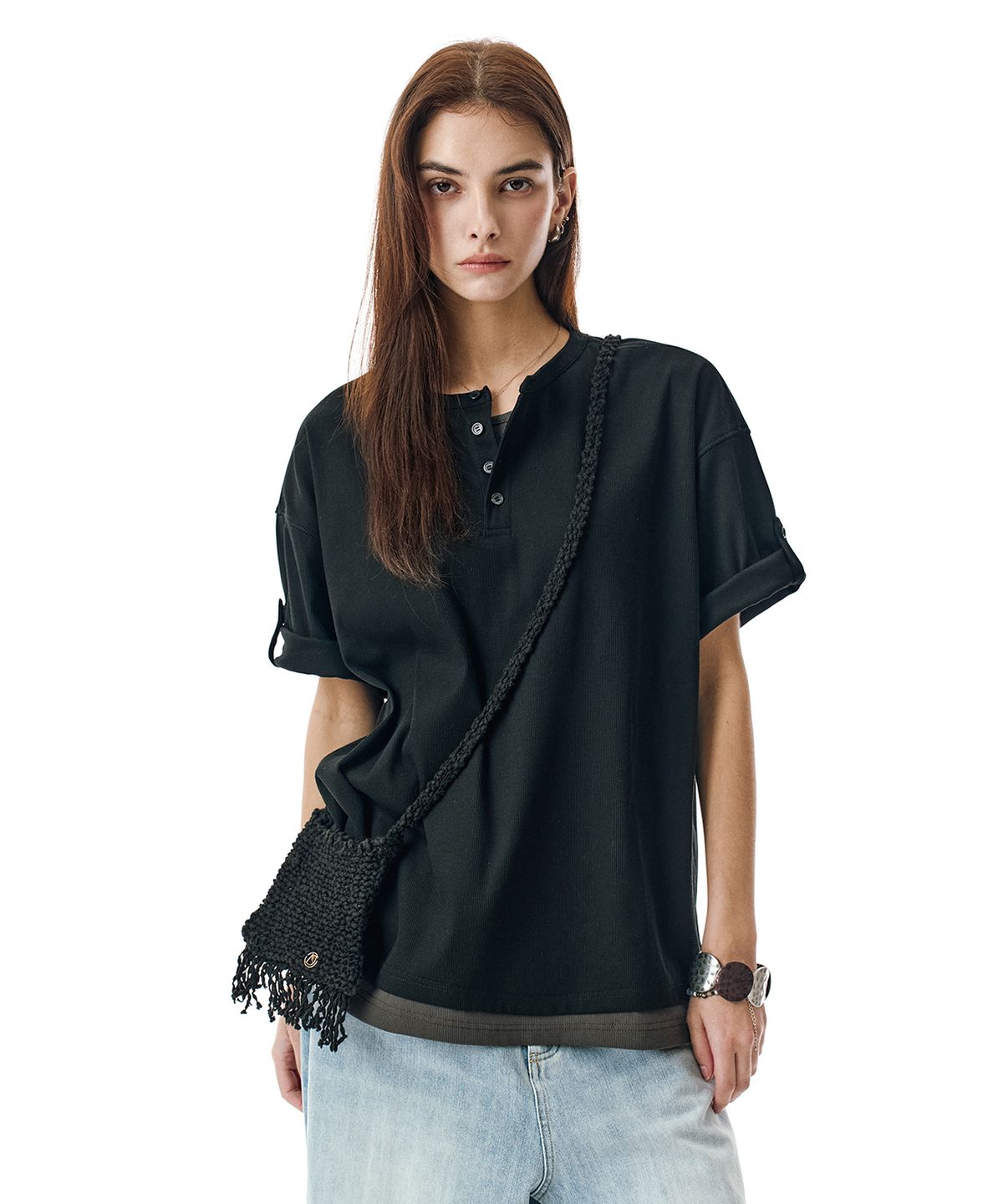 세컨모놀로그(SECONDMONO) Layered Henley Roll-Up Tee [BLACK]_SETS057BLACK