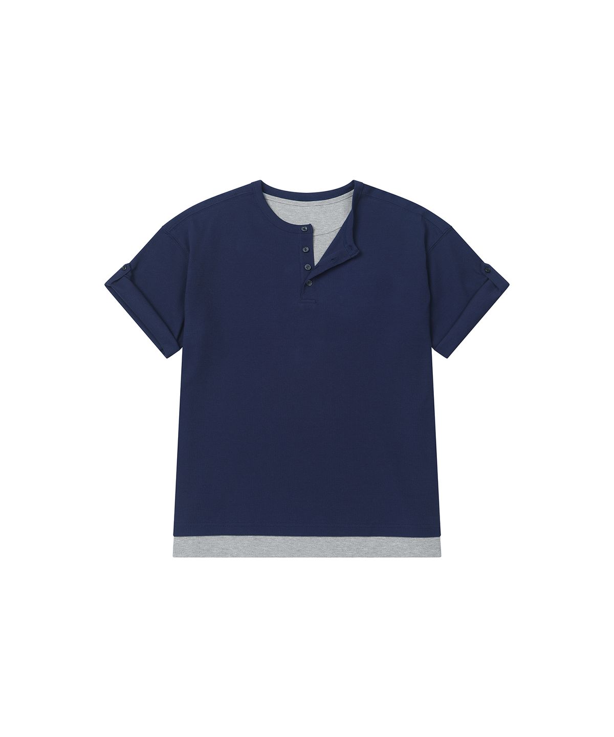세컨모놀로그(SECONDMONO) Layered Henley Roll-Up Tee [NAVY]_SETS057NAVY