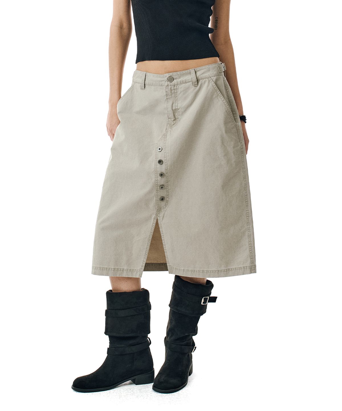 세컨모놀로그(SECONDMONO) Washed Button Detail Slit Midi Skirt [TAUPE]_SEWSK007TAUPE