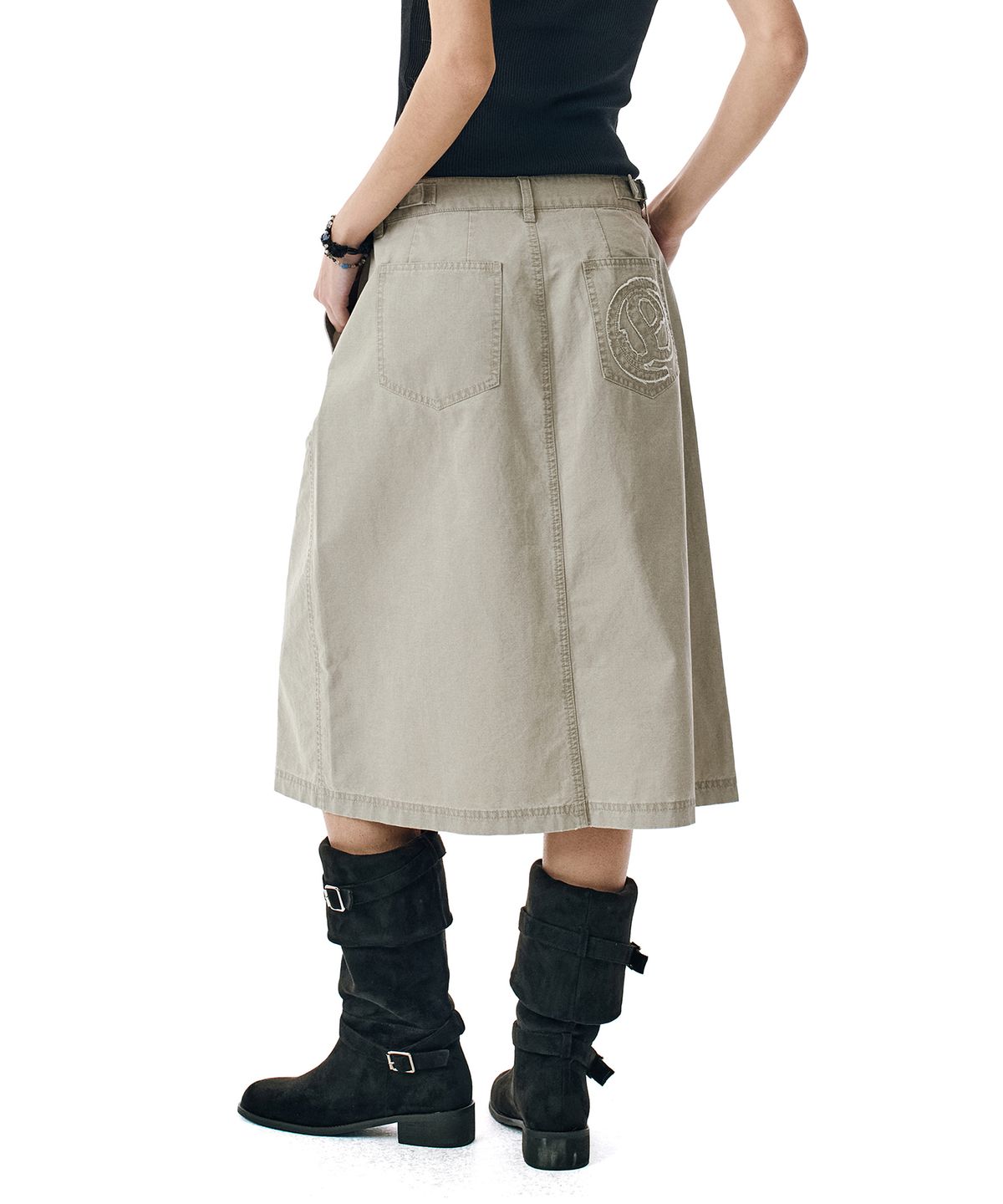 세컨모놀로그(SECONDMONO) Washed Button Detail Slit Midi Skirt [TAUPE]_SEWSK007TAUPE