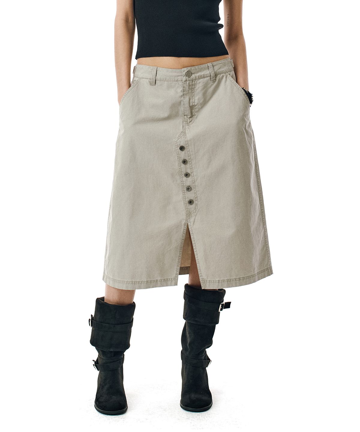 세컨모놀로그(SECONDMONO) Washed Button Detail Slit Midi Skirt [TAUPE]_SEWSK007TAUPE