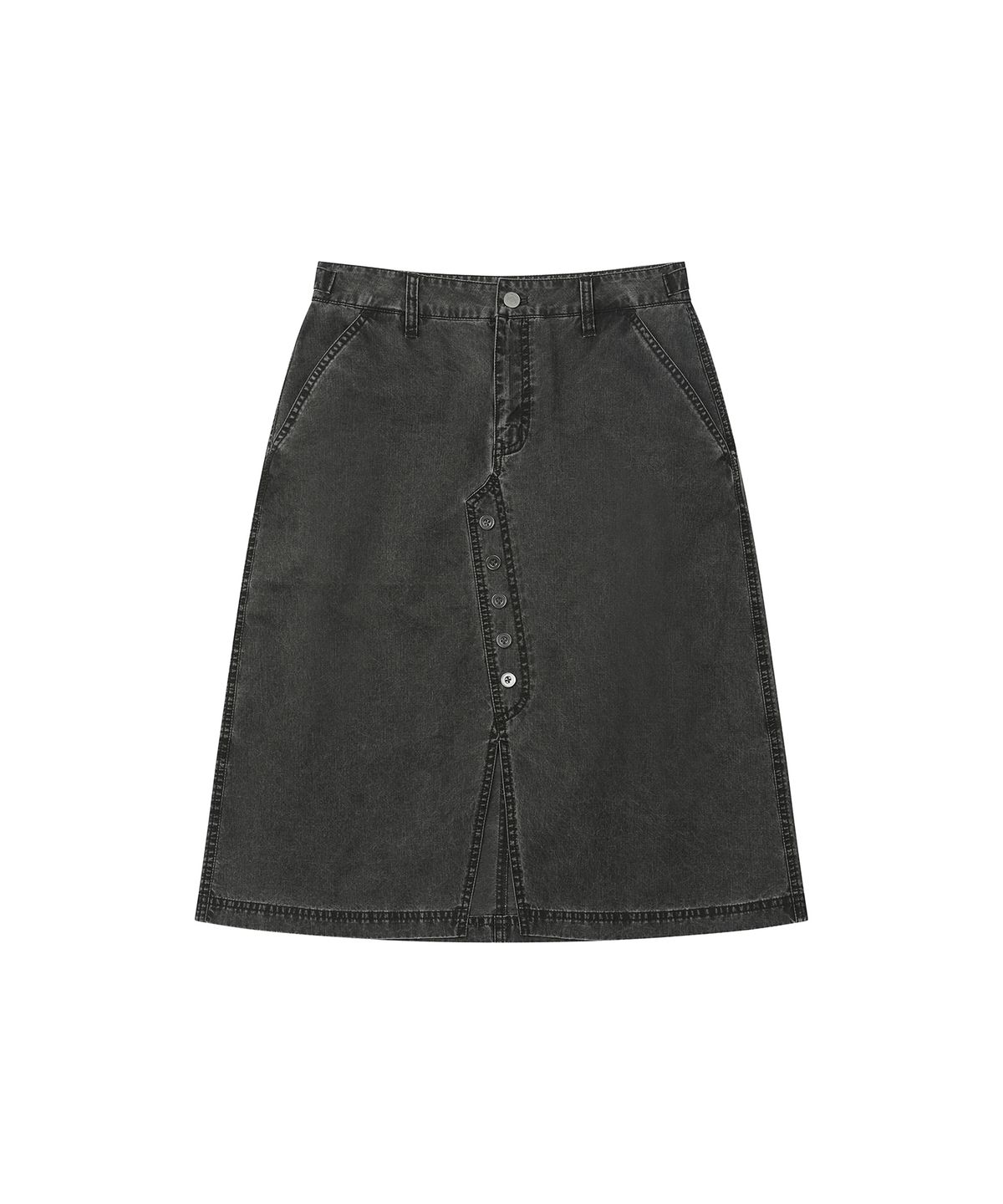 세컨모놀로그(SECONDMONO) Washed Button Detail Slit Midi Skirt [CHARCOAL]_SEWSK007CHARCOAL