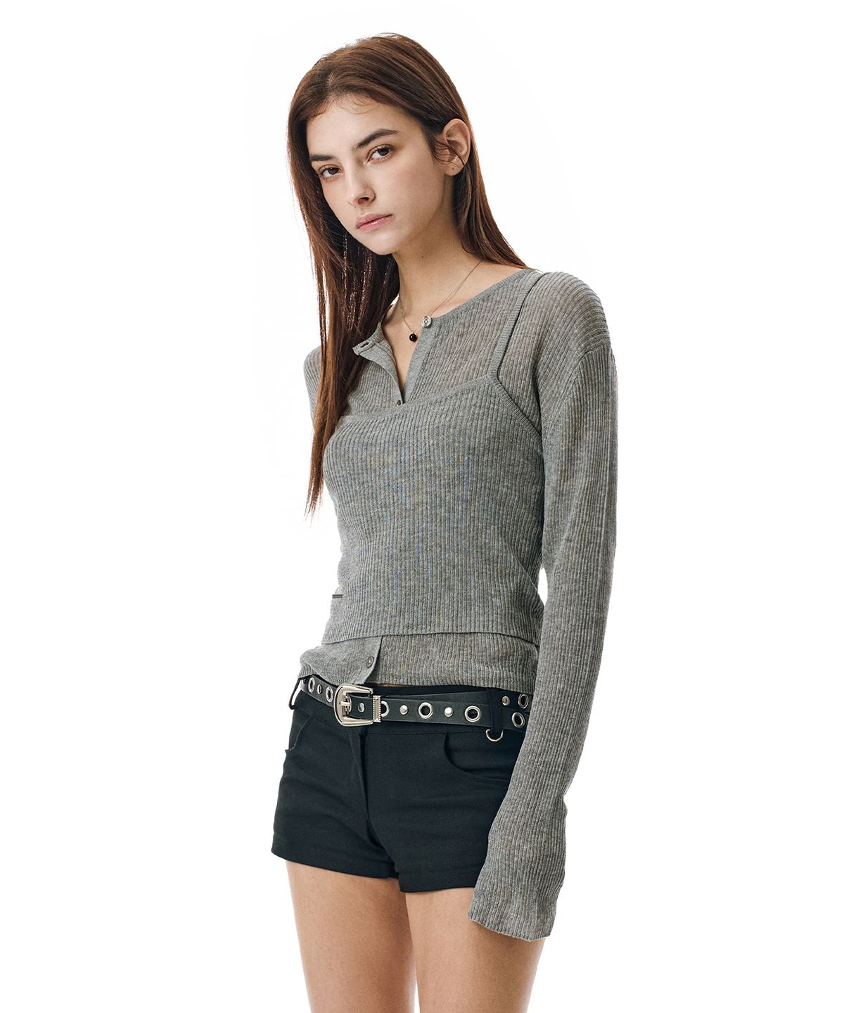 세컨모놀로그(SECONDMONO) Layered Cardigan with Back Button Bustier Set [GRAY]_SEWCD008GRAY