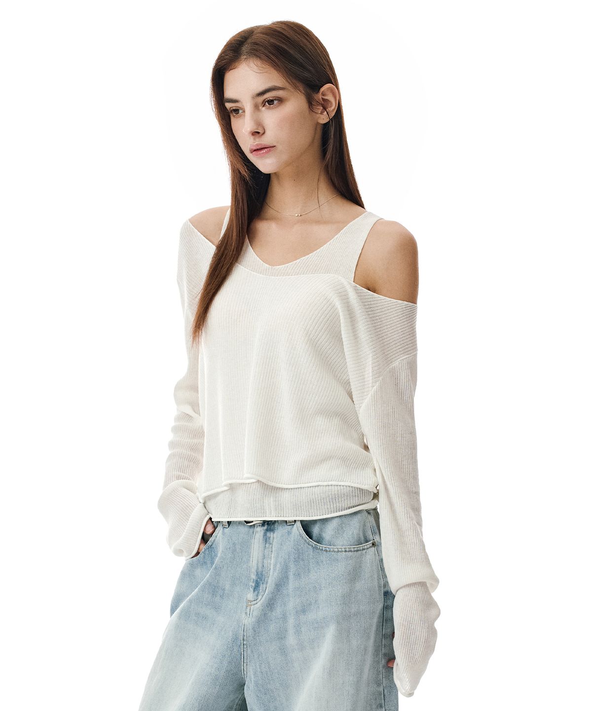 세컨모놀로그(SECONDMONO) V Neck Layered Knit Set [IVORY]_SEWKT011IVORY