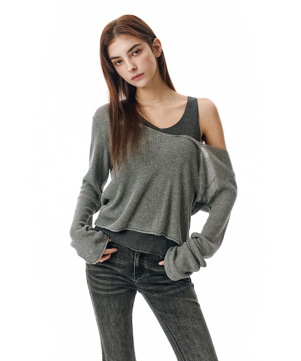 세컨모놀로그(SECONDMONO) V Neck Layered Knit Set [GRAY]_SEWKT011GRAY