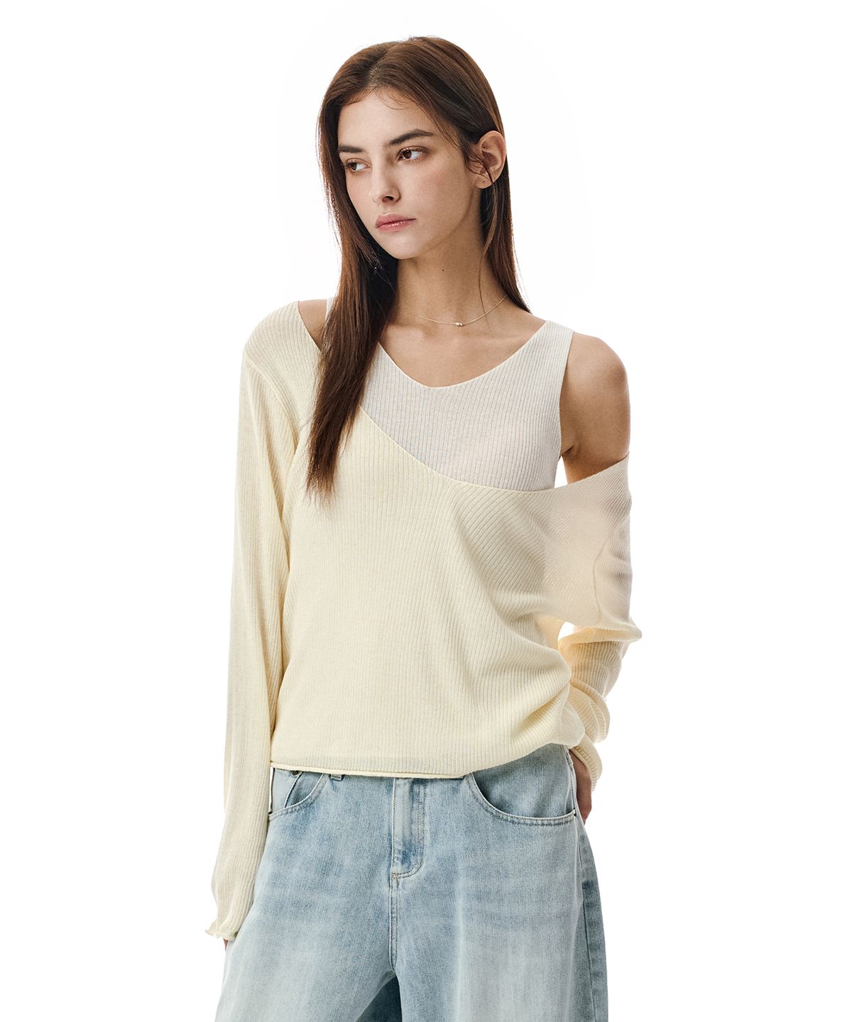 세컨모놀로그(SECONDMONO) V Neck Layered Knit Set [BUTTER]_SEWKT011BUTTER