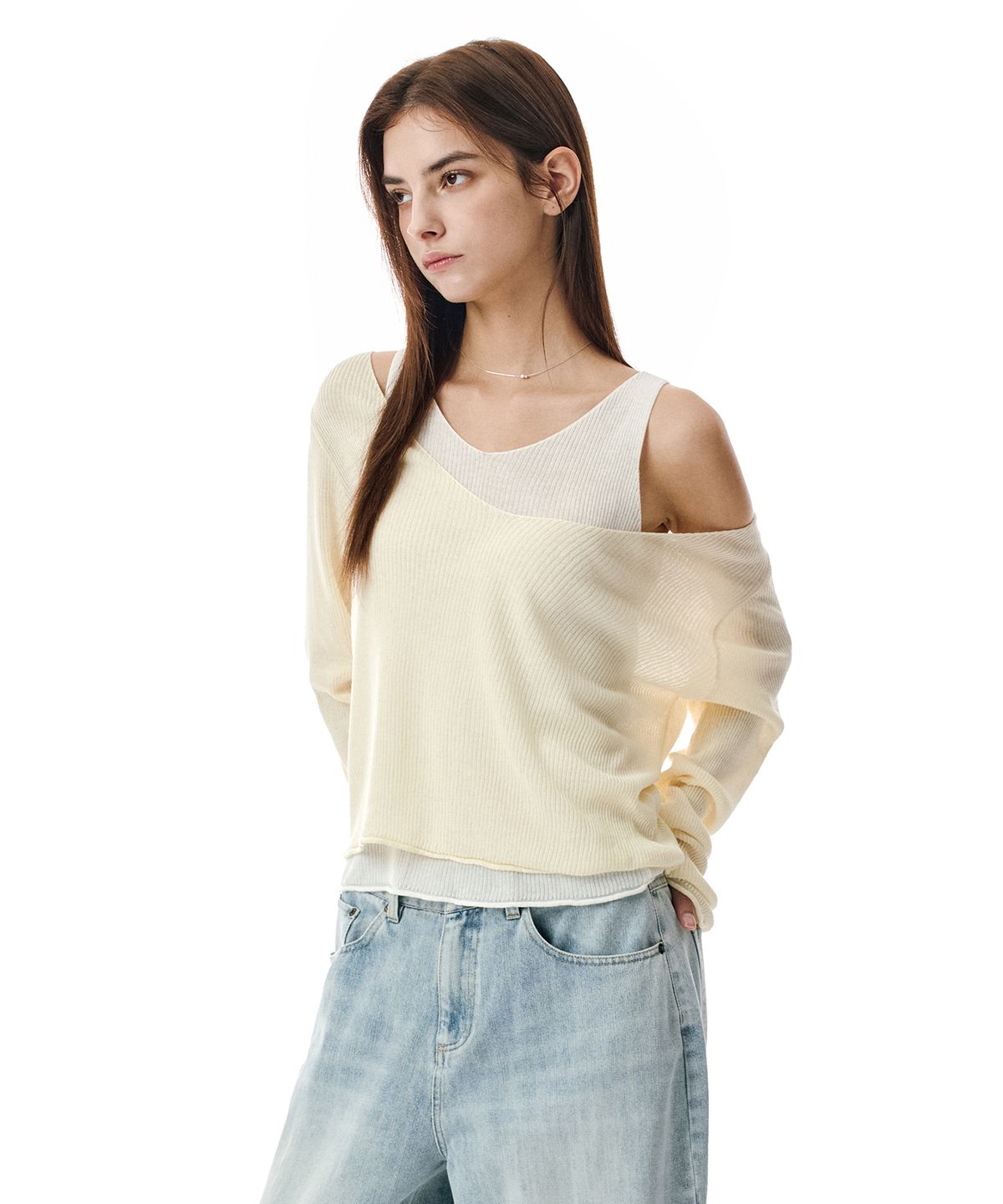 세컨모놀로그(SECONDMONO) V Neck Layered Knit Set [BUTTER]_SEWKT011BUTTER