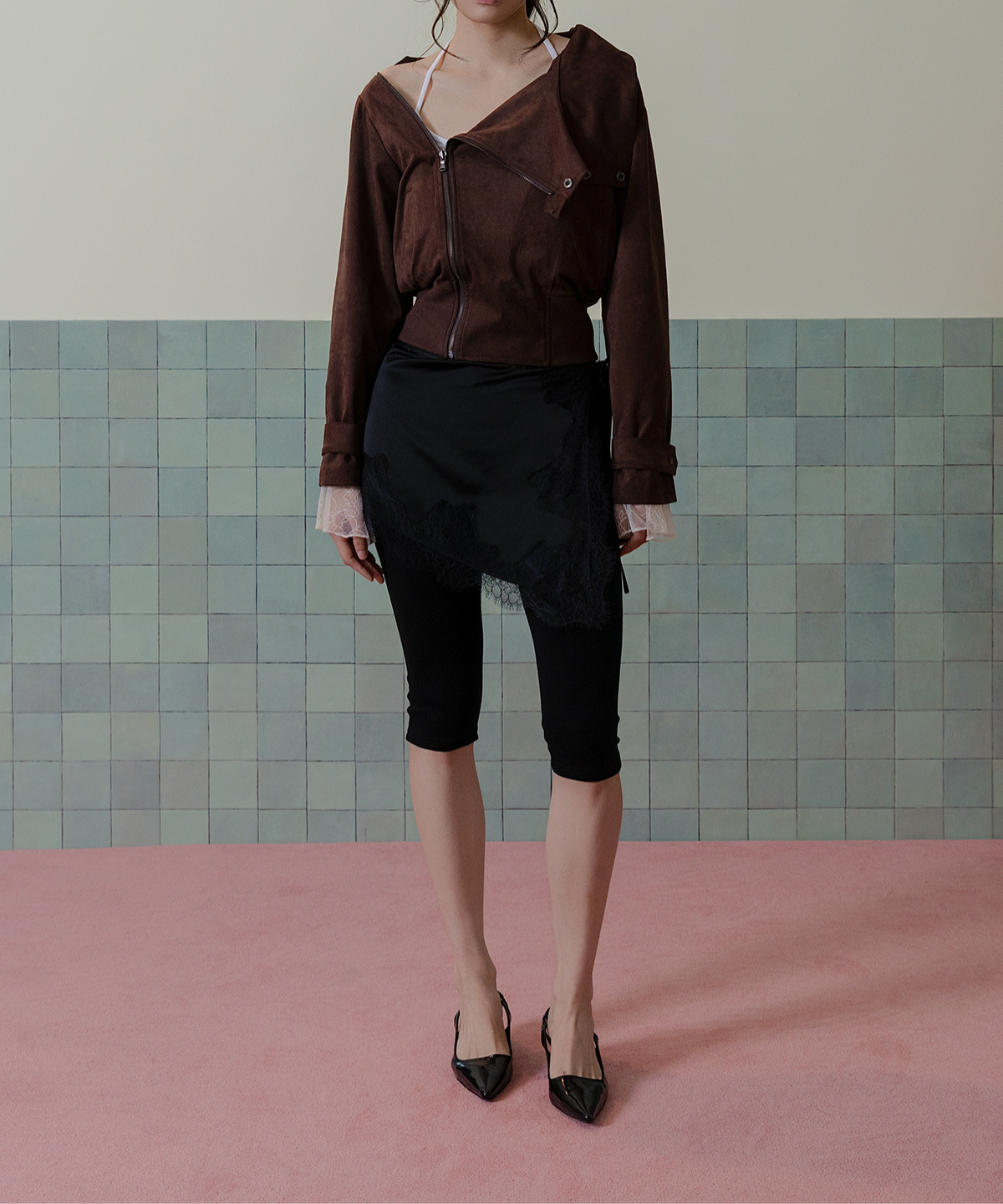 피프트 에일리어스(FIFTHALIAS) Satin lace waist wrap Black