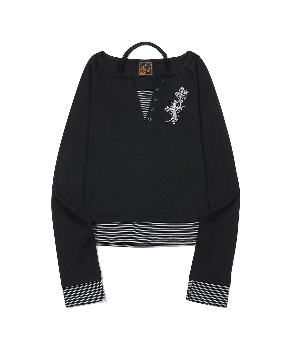 이퓨원트(IFYOUWANT) Cross Henley Crop Long Sleeve Black