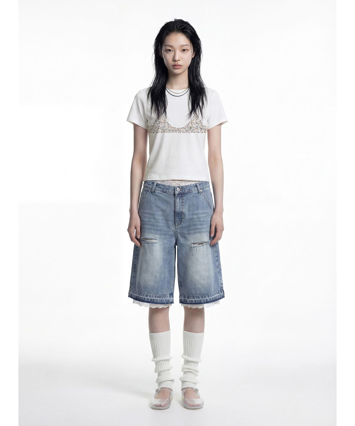 데프가먼츠(DEFGARMENTS) PEARL BUTTON BRALETTE T-SHIRTS [WHITE]
