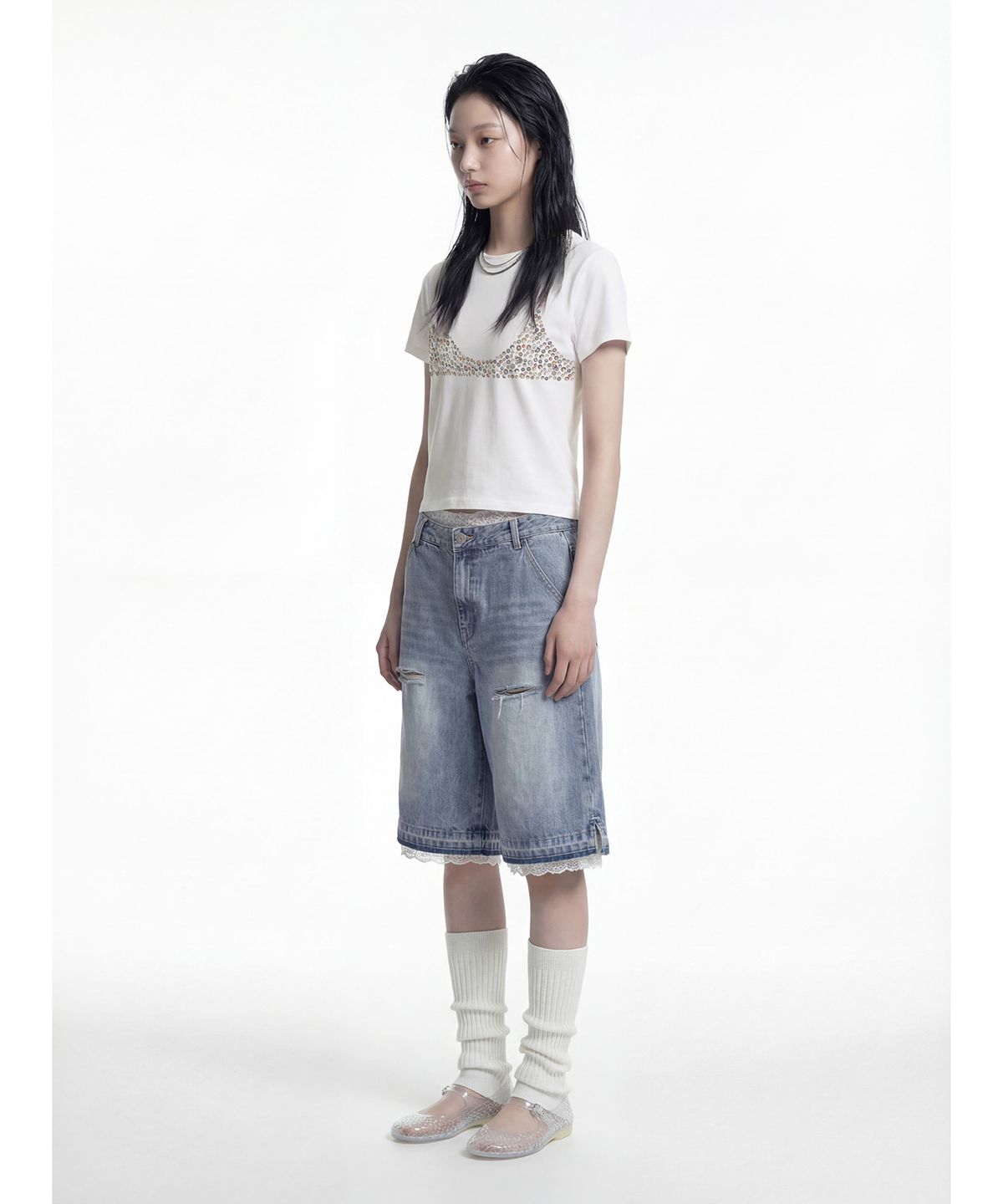데프가먼츠(DEFGARMENTS) PEARL BUTTON BRALETTE T-SHIRTS [WHITE]