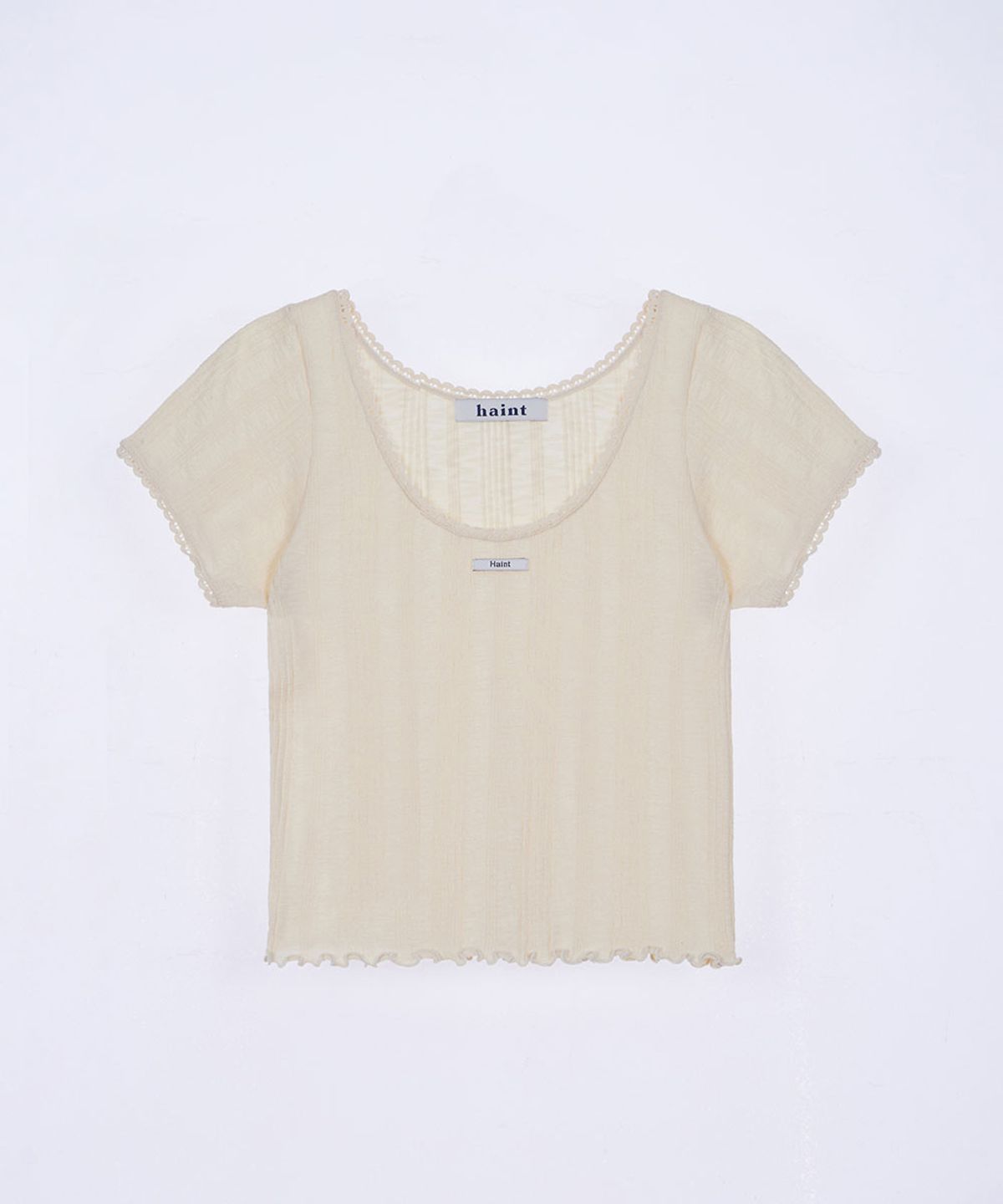 헤인트(HAINT) FRILL U-NECKLINE EYELET SEMI CROP T-SHIRT 2COL_CREAM
